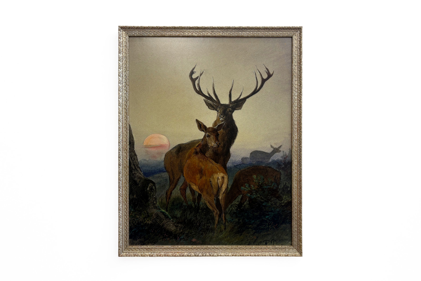En kronhjort med en hjort i et skovklædt landskab ved solnedgang - Carl Friedrich Deiker