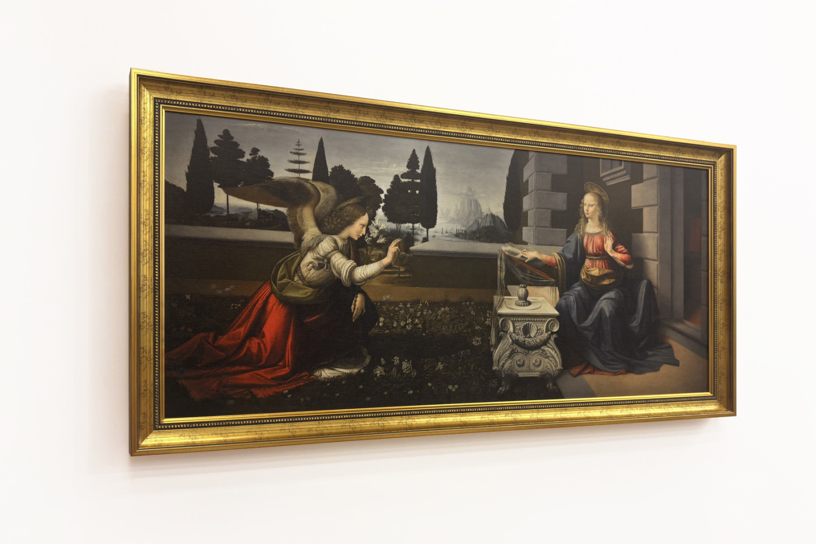 Italien Toscana Firenze, Uffizi-galleriet: Bebudelsen, Maleri af Leonardo da Vinci (1452-1519), Olie på træ, ca. 1472-1475, 98x217 cm - Leonardo da Vinci