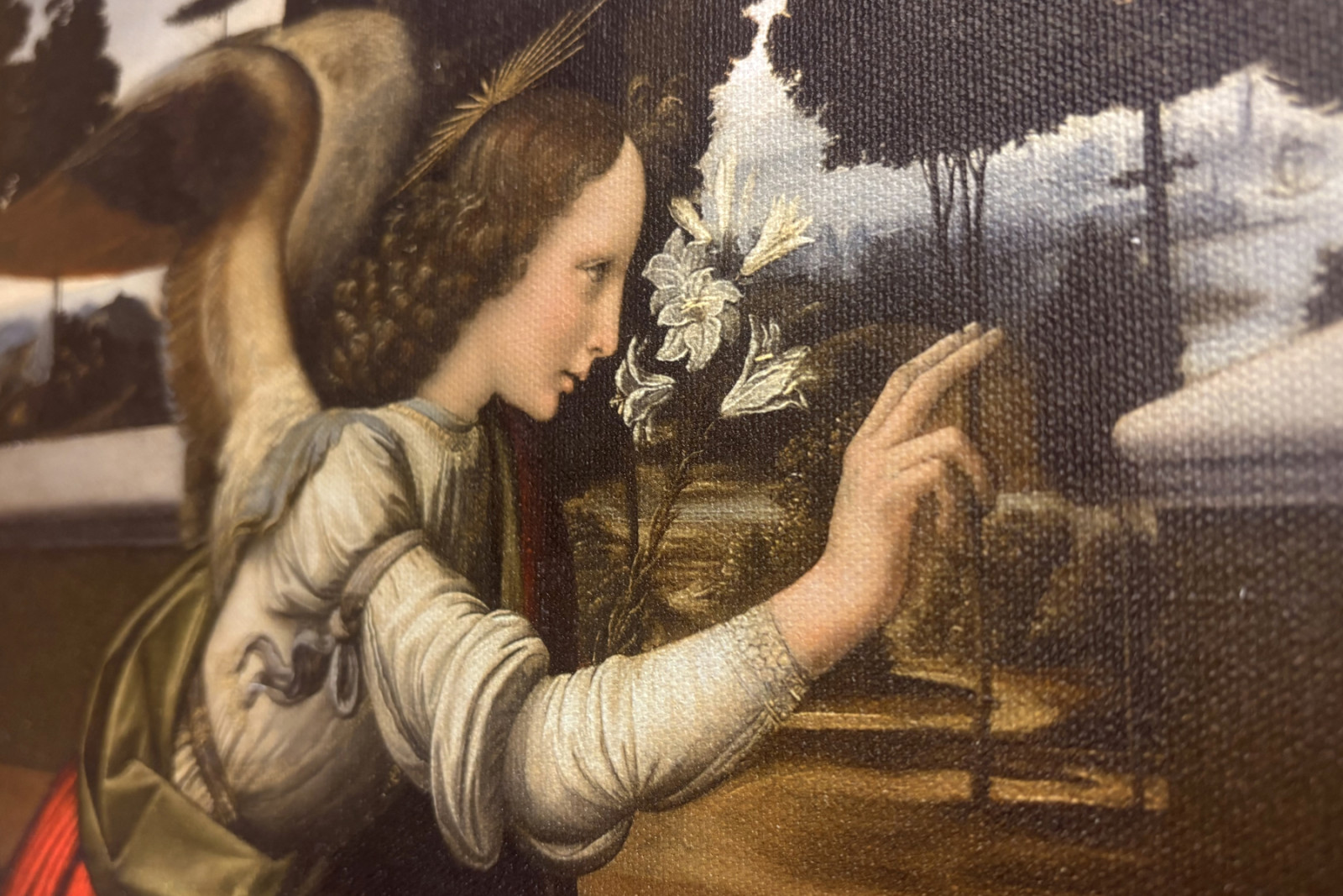 Italien Toscana Firenze, Uffizi-galleriet: Bebudelsen, Maleri af Leonardo da Vinci (1452-1519), Olie på træ, ca. 1472-1475, 98x217 cm - Leonardo da Vinci