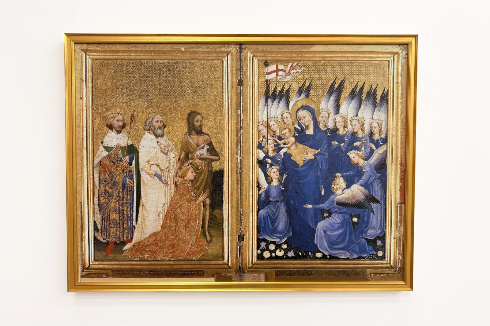 Richard II præsenteret for jomfruen og barnet af hans skytshelgen Johannes Døberen og de hellige Edward og Edmund, ca. 1395-99 (ægtempera på eg) - Master of the Wilton Diptych