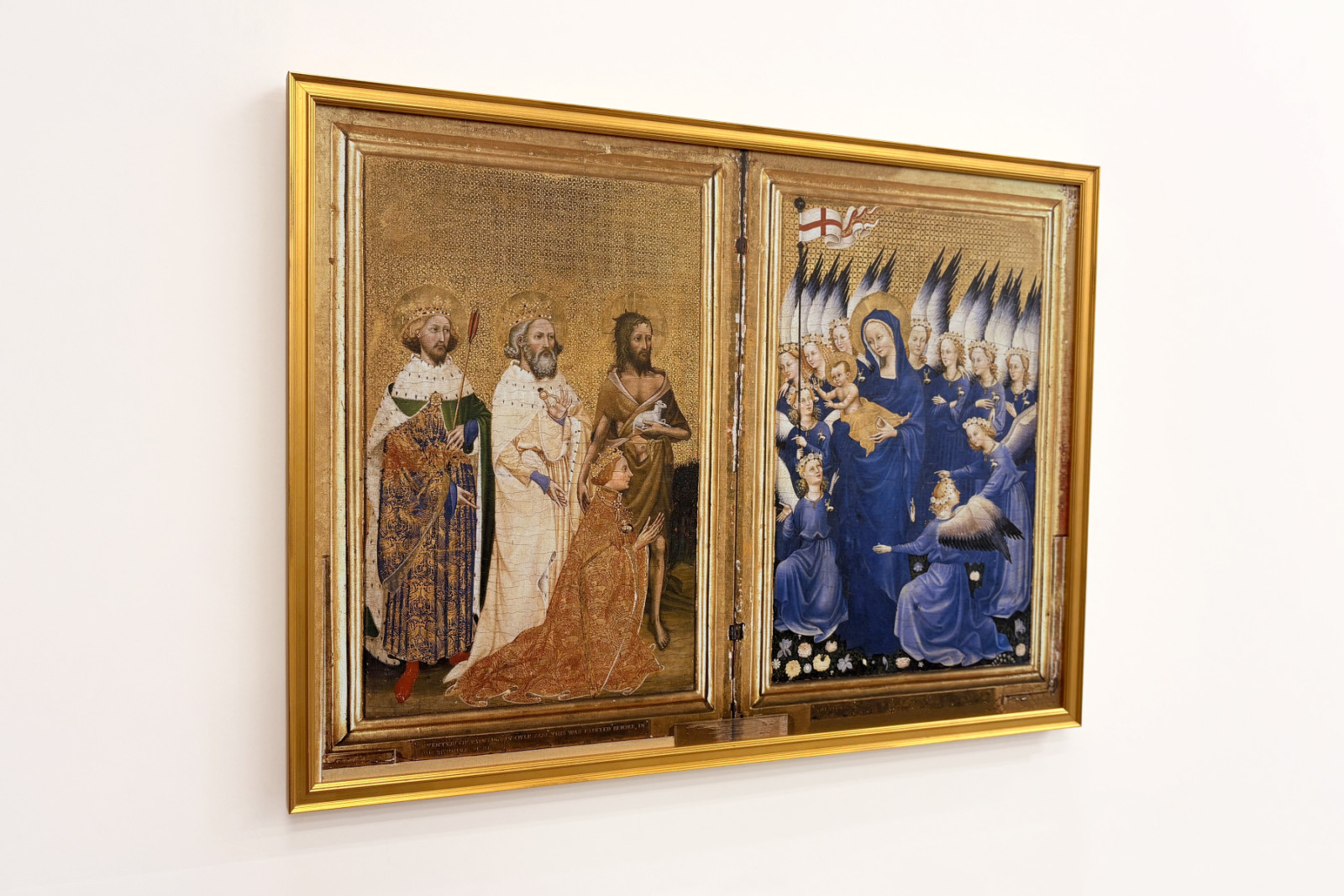 Richard II præsenteret for jomfruen og barnet af hans skytshelgen Johannes Døberen og de hellige Edward og Edmund, ca. 1395-99 (ægtempera på eg) - Master of the Wilton Diptych