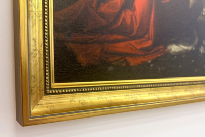 Italien Toscana Firenze, Uffizi-galleriet: Bebudelsen, Maleri af Leonardo da Vinci (1452-1519), Olie på træ, ca. 1472-1475, 98x217 cm