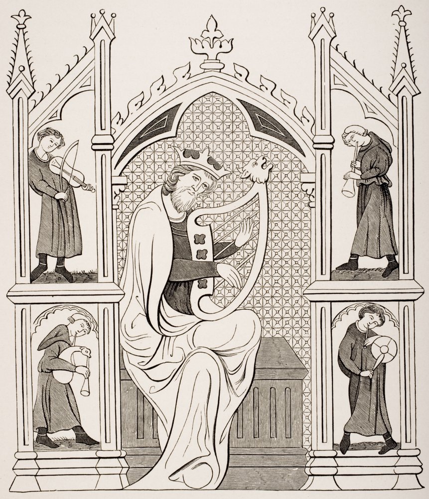 Kong David spiller på lyre omgivet af fire musikere, efter en miniature i et manuskript af en salmebog, fra "Le Moyen Age et La Renaissance" af Paul Lacroix (1806-84) udgivet i 1847 af French School