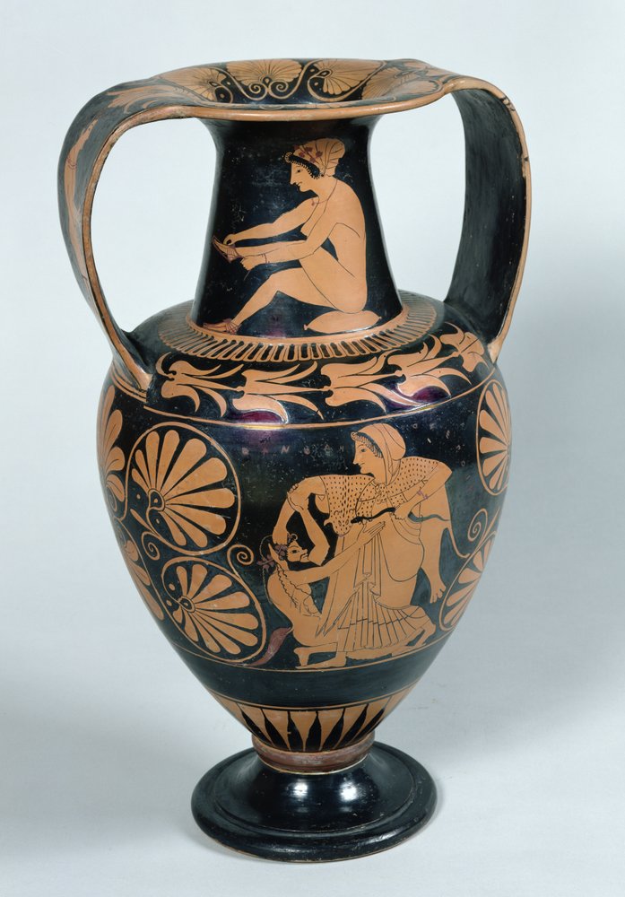 Attisk rød-figur amfora, der forestiller en maenade og en satyr, af Panphaios (keramik) af Greek