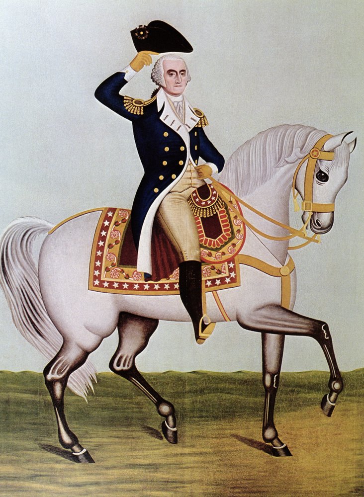 George Washington til hest (farve litho) af (after) American School