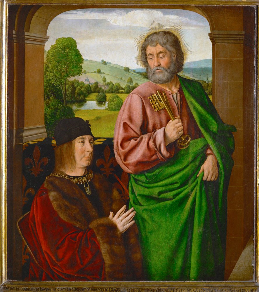 Pierre II, far til Beaujeu, hertug af Bourbon, præsenteret af Sankt Peter ... af (fl.c.1483-c.1529) Master of Moulins