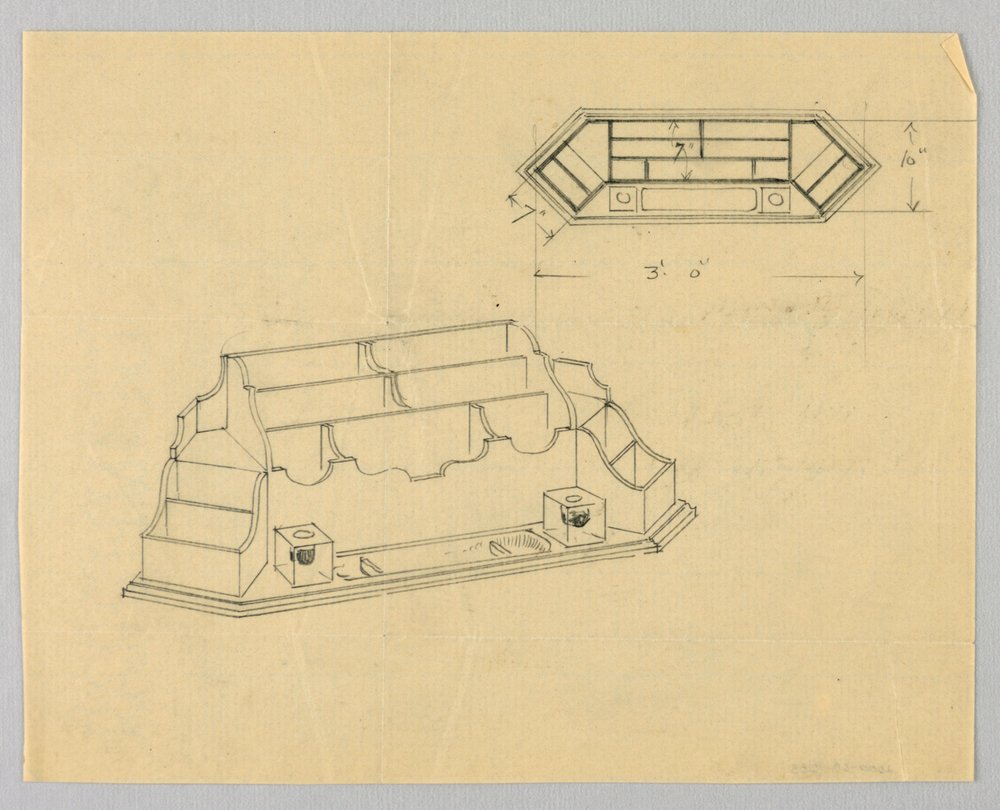 Design til skrivebordsarrangør i plan og elevation af A.N. Davenport Co.