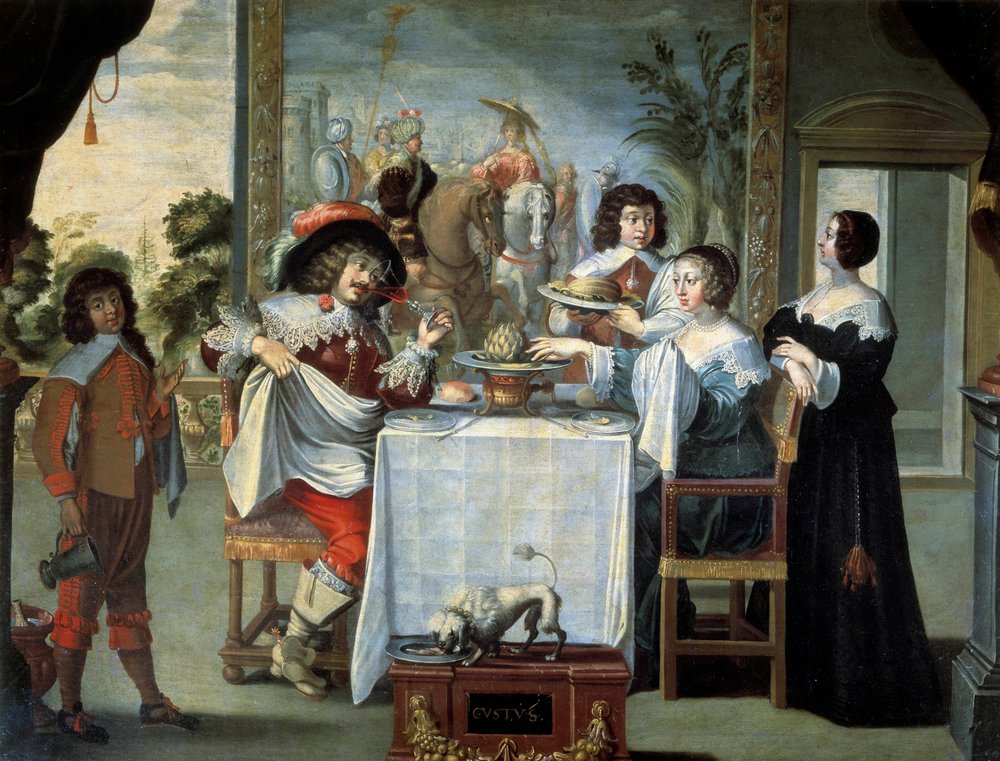 Fem sanser, smag af anonym maler, kopi af gravering af Abraham Bosse (1602-1676), olie på lærred - “De fem sanser: smagen” Scene de smager et raffineret måltid sammensat af meloner, artiskokker, i et smukt adelshjem. Maleri af Abraham Bosse (1602 af Abraham (after) Bosse