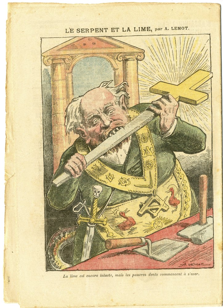 Illustration af Achille Lemot (1846-1909) i Le Pèlerin, 23/05/09 - Slangen og filen - Antimureri, religion og tro, kristent kors, fabler af La Fontaine og andre, katolicisme - Sekularisering, sekularisme, lægfolk - Slanger - Animalisering af Achille Lemot