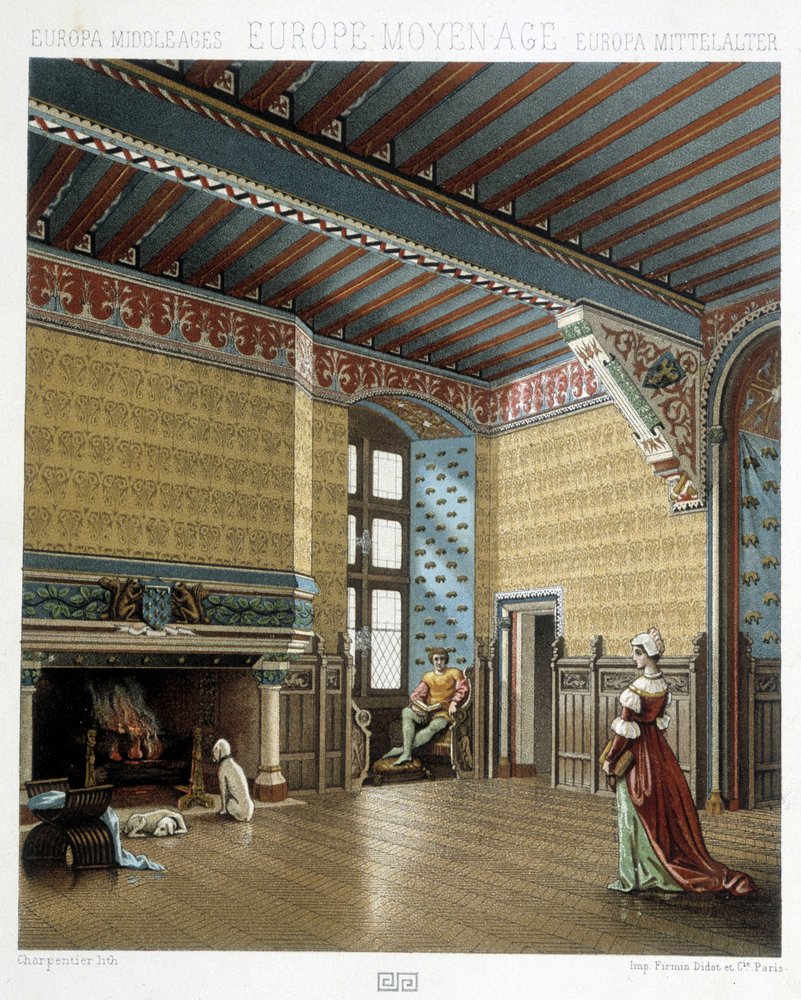 Interiør af en statelig bolig i middelalderen - i "" Den historiske dragt"" af Racinet af Albert Charles August Racinet