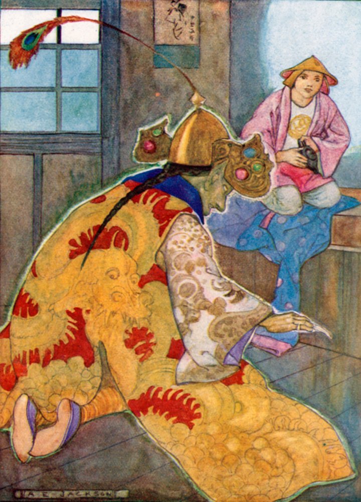 Aladdin tog lampen og gned på den. Ånden dukkede straks op og spurgte, hvad der krævedes af ham (farvelitografi) af Albert Edward Jackson