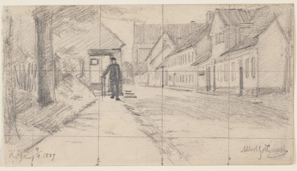 Gade i Køge med gående mand af Albert Gottschalk