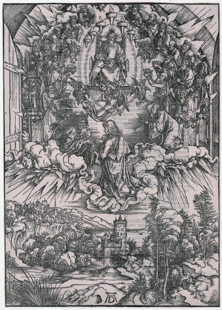 Johannes foran Gud Fader og de ældste, figur II, ark 4 i serien »Apokalypsen« af Albrecht Dürer