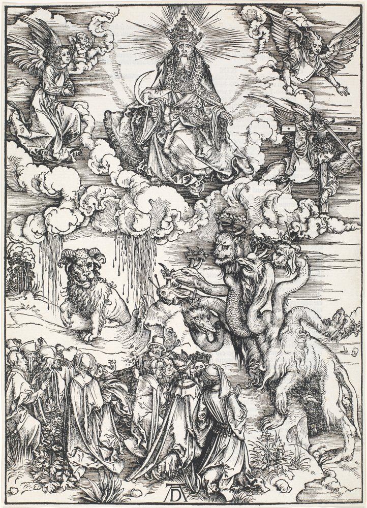 Det syvhovedede udyr og udyret med lammehorn, fra Johannes-apokalypsen, 1496-98 af Albrecht Dürer