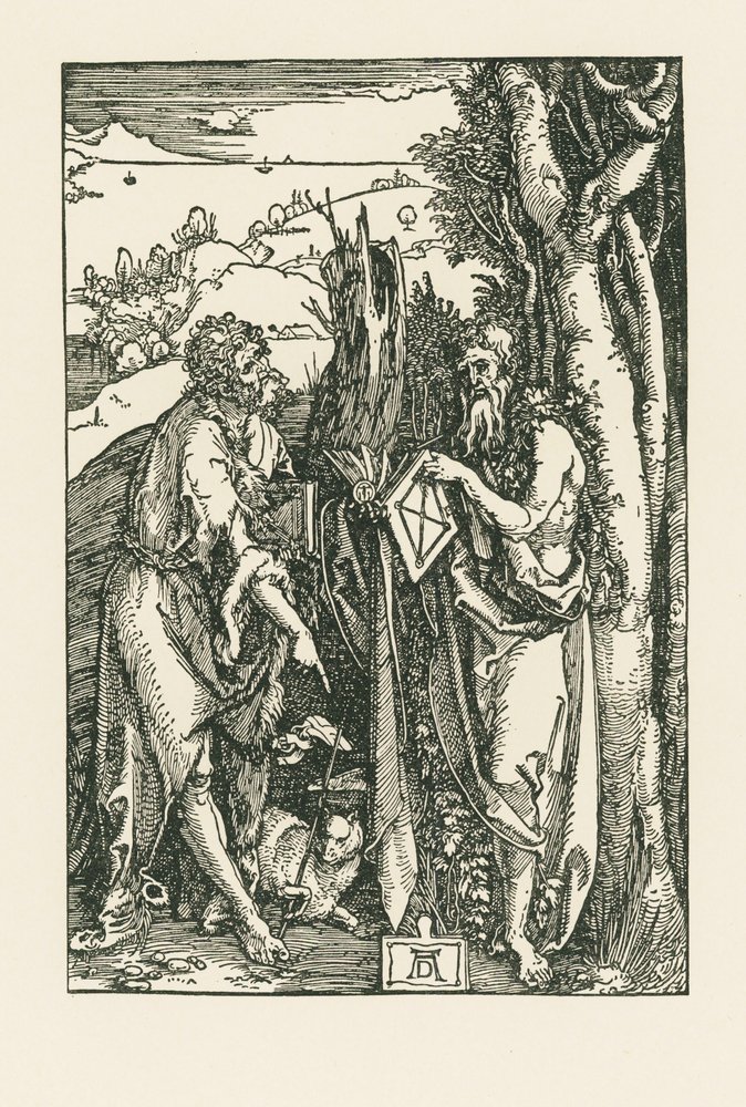 Sankt Johannes Døberen og Sankt Onophrius, ca. 1503-04 (træsnit) af Albrecht Dürer or Duerer