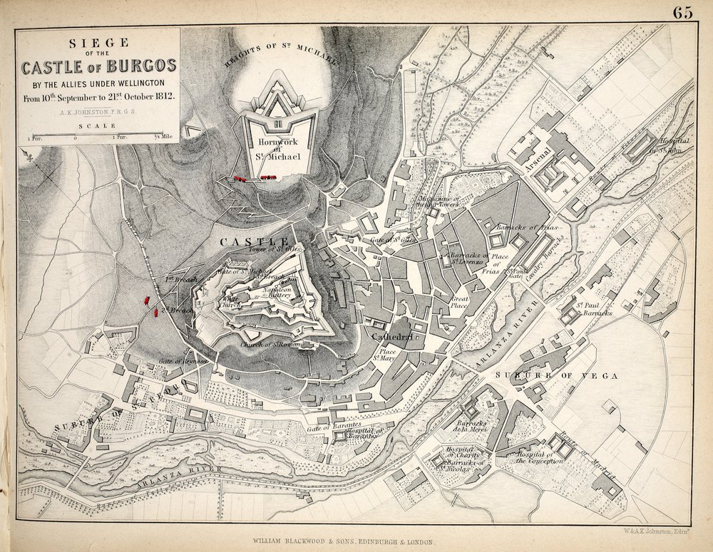 Kort over belejringen af Burgos-slottet, udgivet af William Blackwood and Sons, Edinburgh og London, 1848 af Alexander Keith Johnston