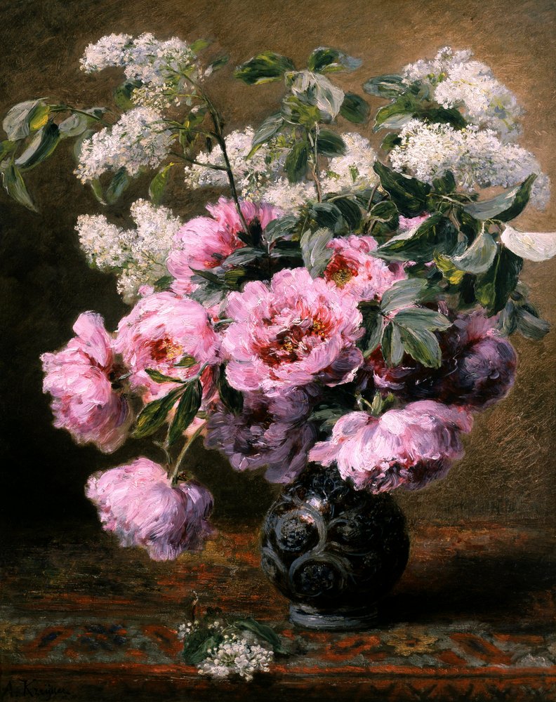 Stilleben med sommerblomster med pæoner og syrener. Maleri af Alexis Kreyder (1839-1912) Privat samling. af Alexis Kreyder