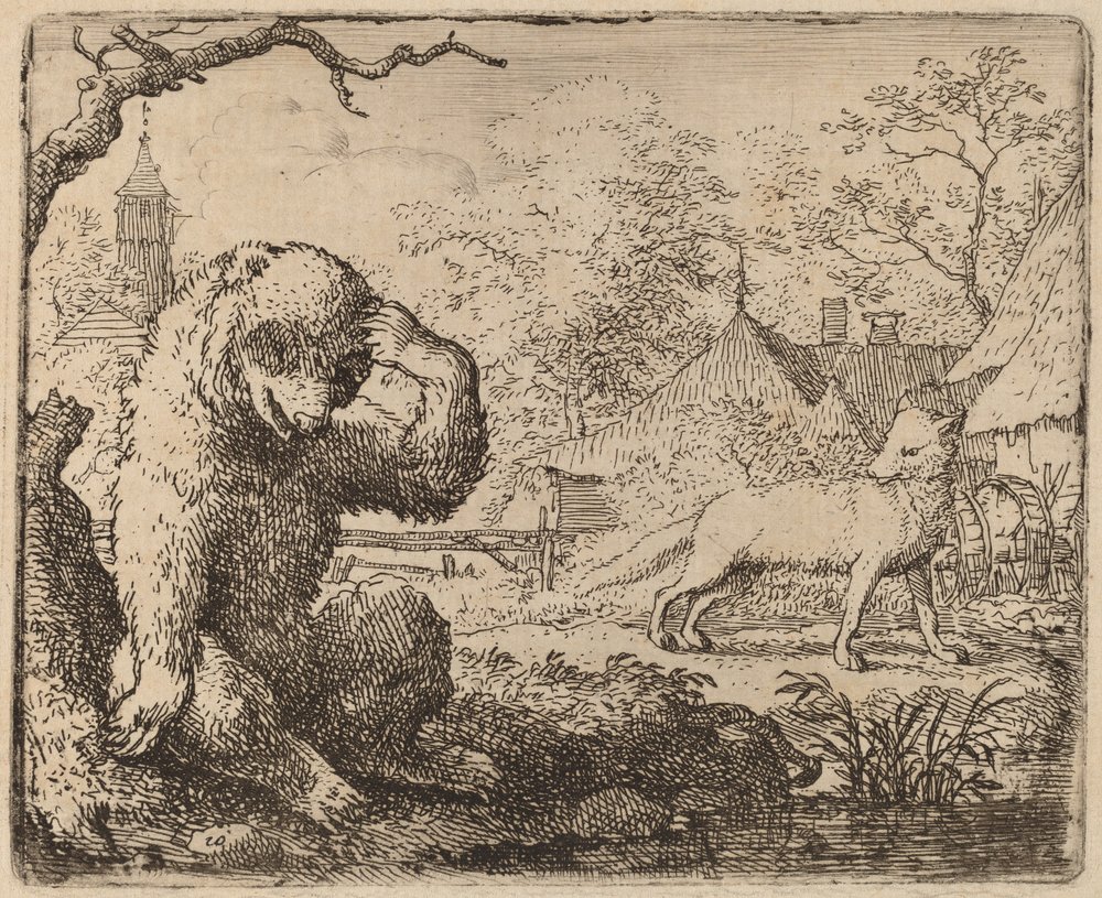 Reynard håner den sørgelige bjørn, sandsynligvis ca. 16451656. af Allart van Everdingen