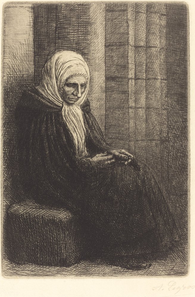 Kvinde siddende mod en væg, barn med hovedet i skødet Femme assis, muraille au fond.... af Alphonse Legros