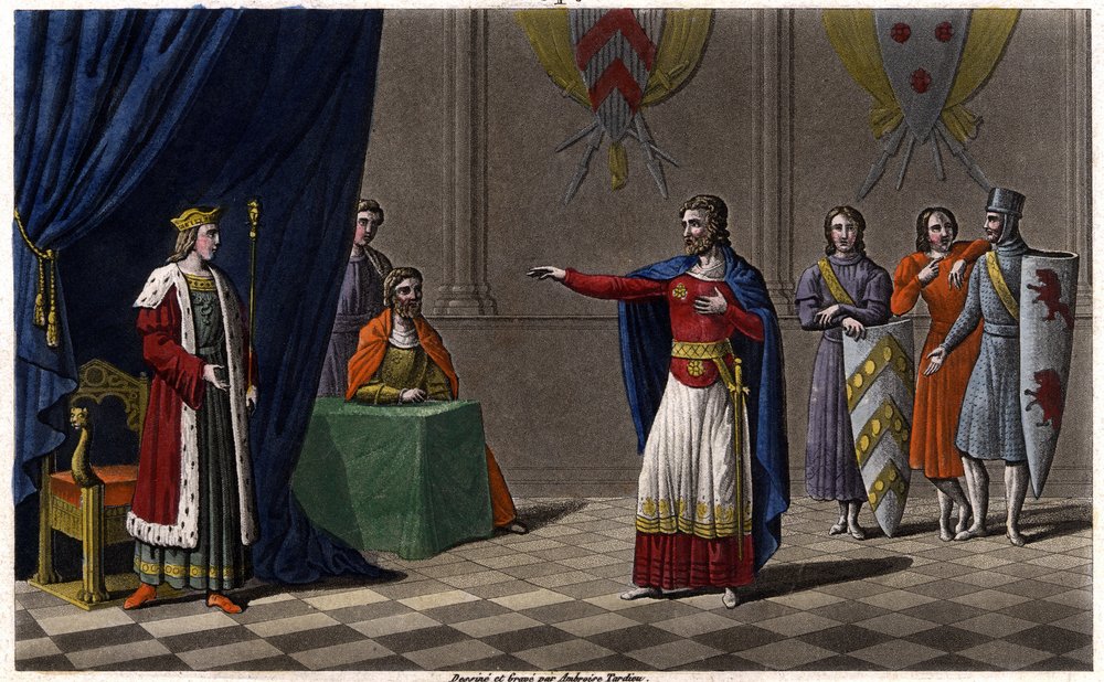 Louis V le Faineant (ca. 967-987), udråbt til konge af Frankrig ved beskyttelse af Hugues Capet, fremtidig konge af Frankrig, i 986 Tegn og grav af Ambroise Tardieu i 1825. af Ambroise Tardieu