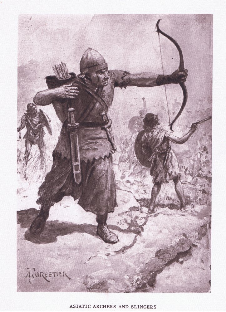 Asiatiske bueskytter og slinger, illustration fra The Roman Soldier, 1928