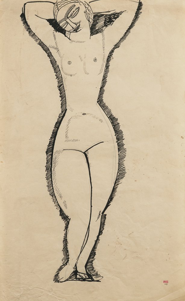 Stående nøgen med løftede arme, 1911 af Amedeo Modigliani