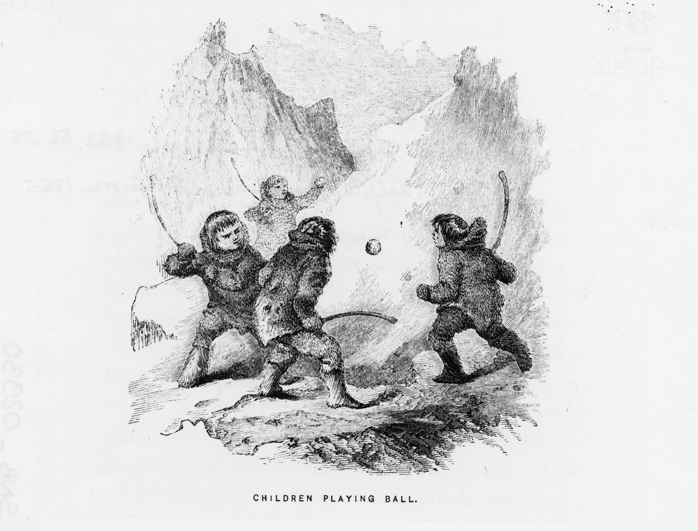 Nordpolen: børn, der spiller boldspil på isposen - Elisha Kent Kane; Artic Exploration i årene 1853-1855 (Philadelphia, Childs og Peterson af American School