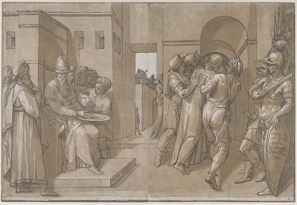 Pilatus til venstre vasker hænder i venstre side af arket, 1585. af Andrea Andreani