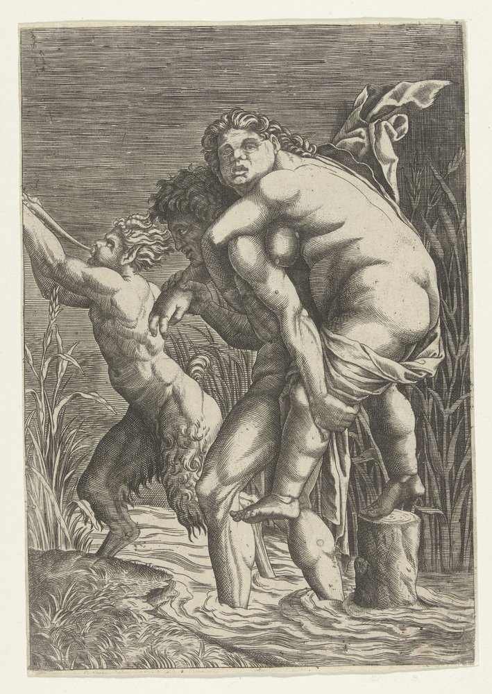 Mand bærer kvinde på ryggen og en satyr af Andrea Mantegna (school of)