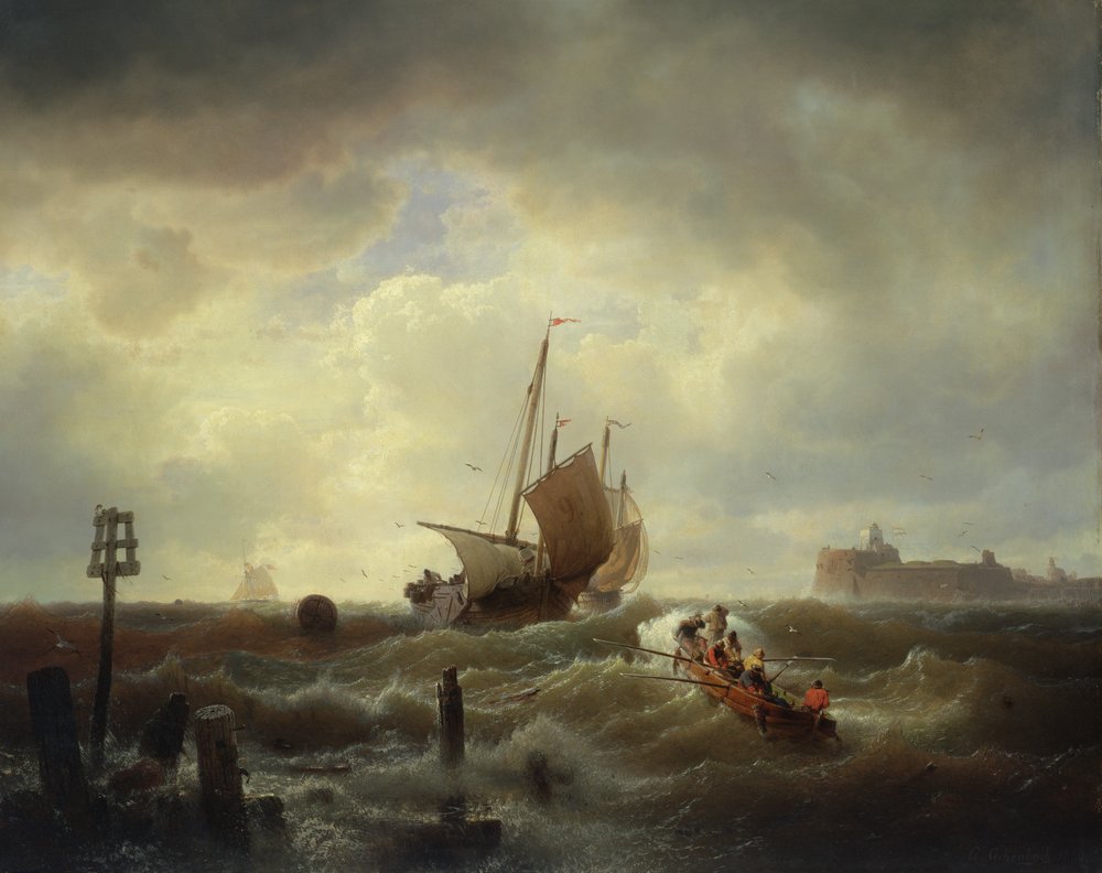 Indsejlingen til havnen ved Hellevoetsluis, 1850 af Andreas Achenbach