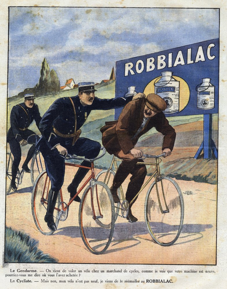 Annoncering for Robbialac-maling: Politibetjente anklager en cyklist for at stjæle hans cykel, fordi han ser ny ud takket være Robbialac-maling. Gravering i "" Le petit journal illustrious"" af Anonymous Anonymous
