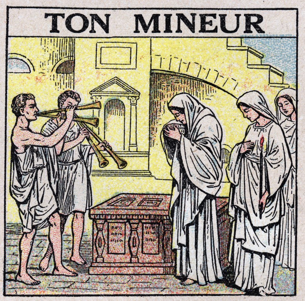 Kunsten at lyde: din minearbejder. Dobbeltfløjtespillere i en gade i oldtiden (under en begravelse?). Anonym illustration fra 1925. Privat samling. af Anonymous Anonymous