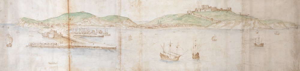 Dover fra havet, 1500-tallet (pen og blæk, kridt og wc på papir) af Anthonis van den Wyngaerde