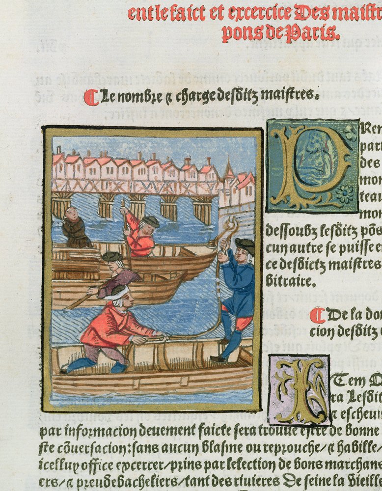 Færgemænd på Seine-floden, fra "Ordonnances Royaux de la Juridiction de la Prevote des Marchands de la Ville de Paris", 1528 (wc og gouache på papir) af Antoine Verard