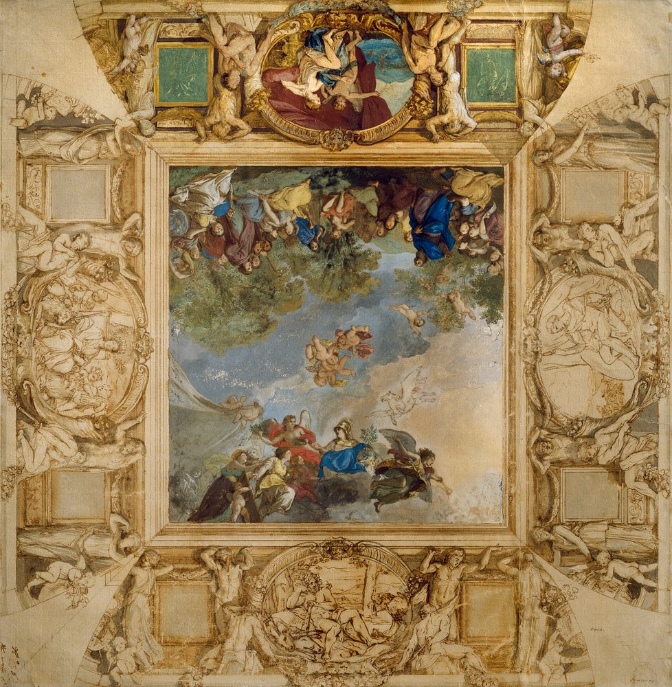 Apollon og Athene belønner Talenter og Minerva flankeret af karyatider og medaljoner forestillende Mars, Venus, Herkules og Cybele, af Anton Raphael Mengs af Anton Raphael Mengs