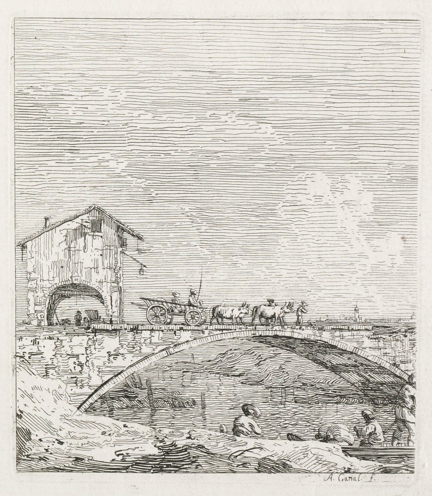 Udsigt: En vogn passerer over en bro af Antonio Canaletto