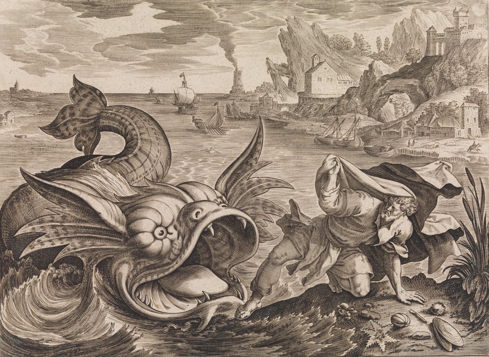 Jonah kastet på land ved fisken, ca. 1585 af Antonius Wierix