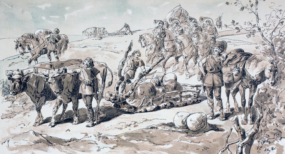 Okser, der trækker en primitiv slæde fyldt med sten, 1886 af Armand Jean Heins