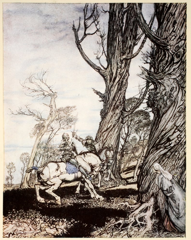 Hvordan Sir Launcelot dræbte ridderen Sir Peris de Forest Savage, der gjorde damer, damosels og gentlewomwen nød, illustration fra 