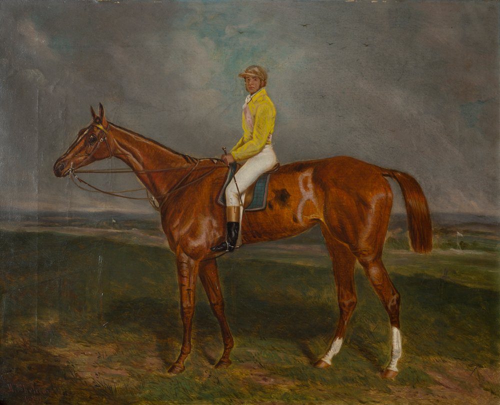 A Chestnut Racehorse with Jockey, ca. 1860-90 (olie på lærred) af British School