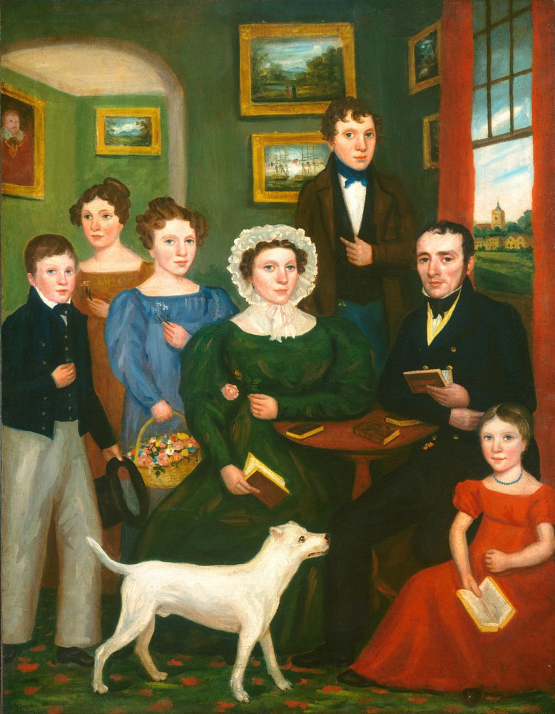 Portræt af en ukendt familie med en terrier, ca. 1825-1835 (olie på lærred) af British School