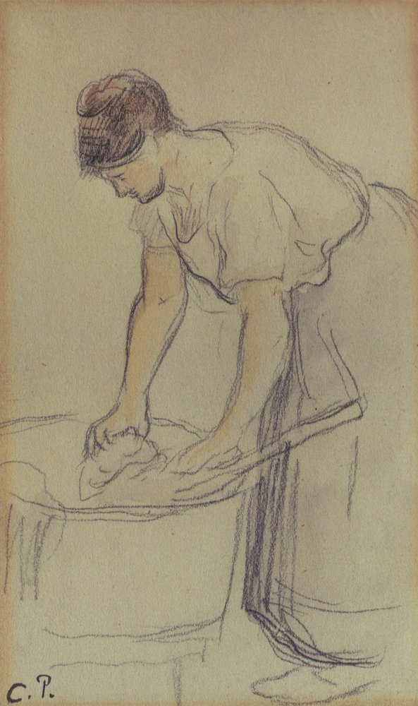 Kvinde vasker vasketøj (akvarel og blyant på papir) af Camille Pissarro