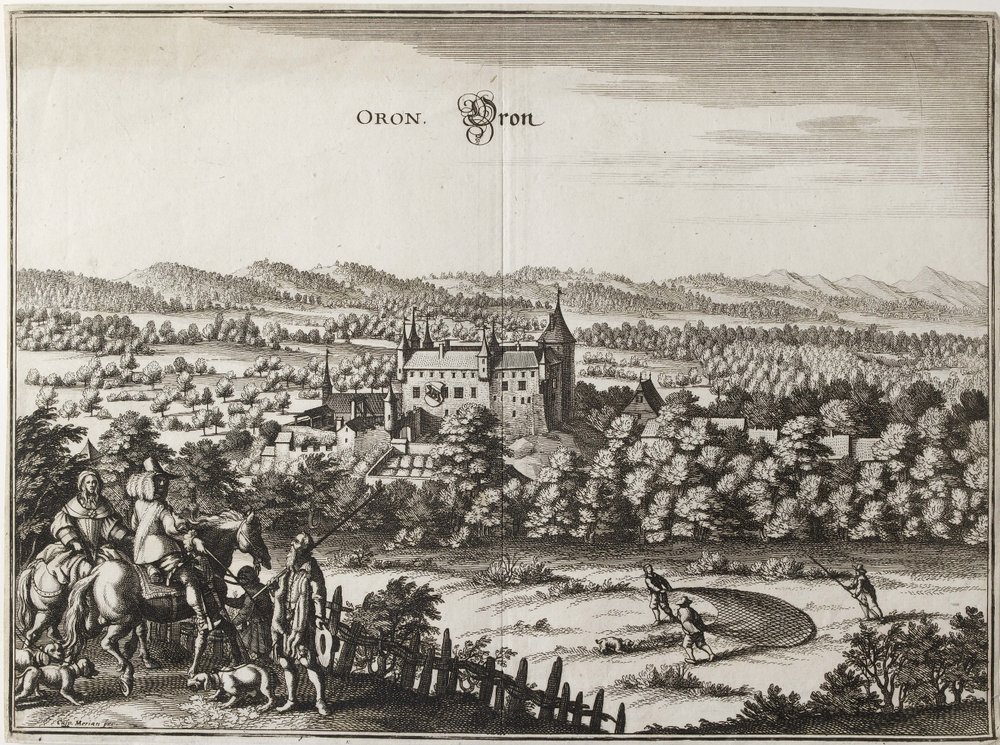Udsigt over slottet Oron, Schweiz, 1653 af Caspar Merian