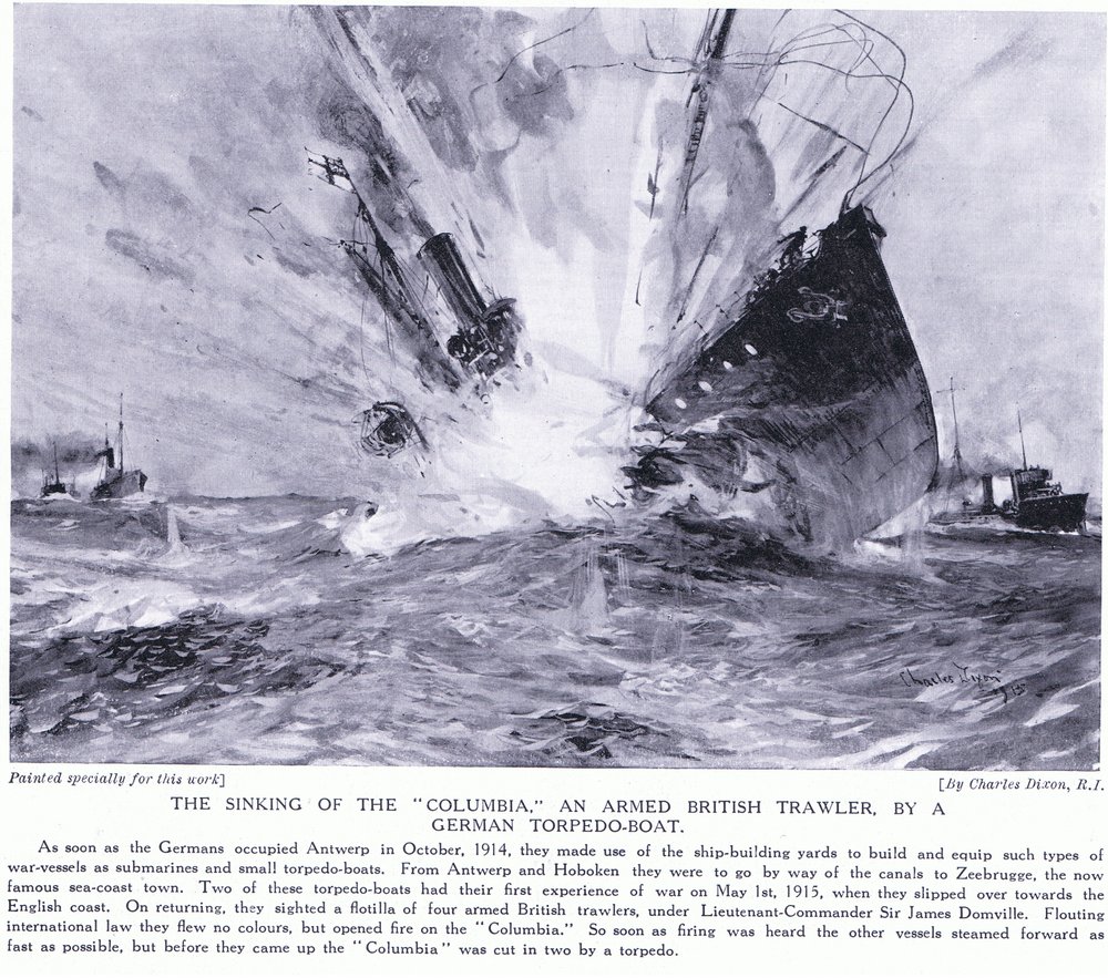 Sænkningen af Columbia, en bevæbnet britisk trawler af en tysk torpedobåd på den engelske kystlinje oktober 1914 af Charles Edward Dixon