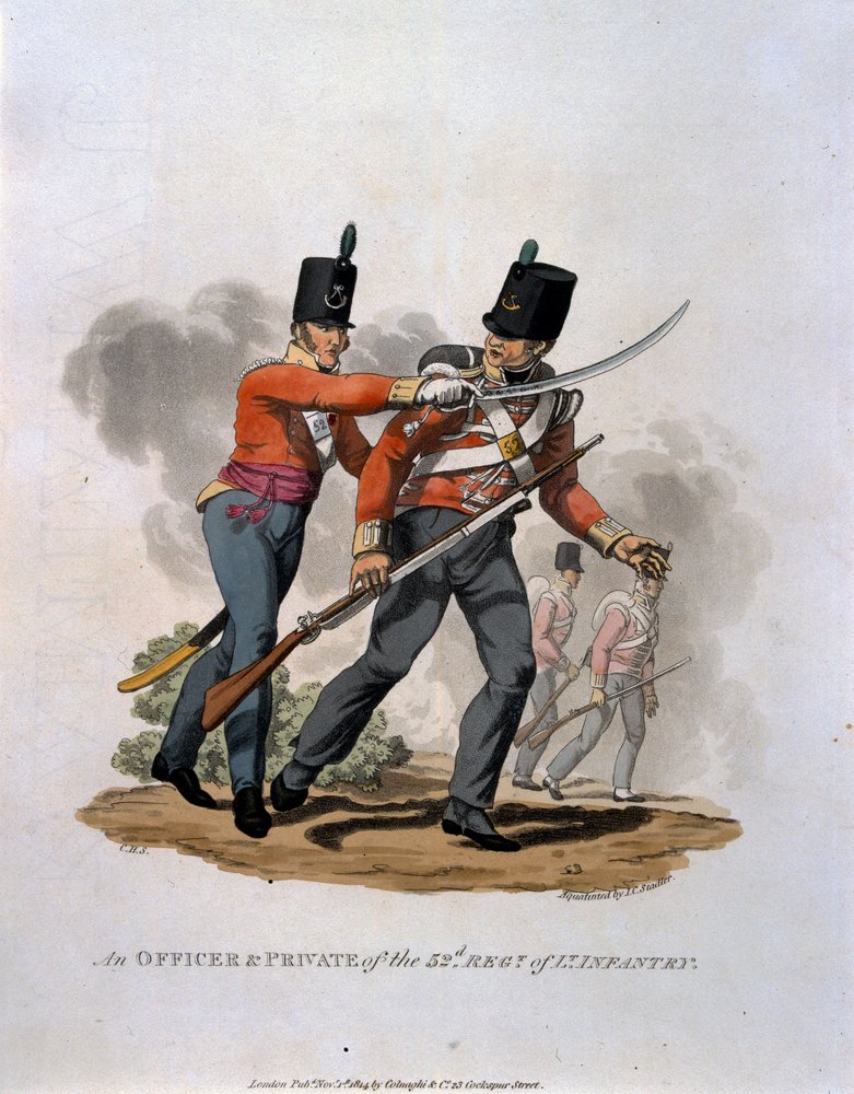 En officer og en menig fra 53. regiment af let infanteri, fra "Costumes of the Army of the British Empire, according to the last regulations 1812", graveret af J.C. Stadler, udgivet af Colnagh af Charles Hamilton Smith