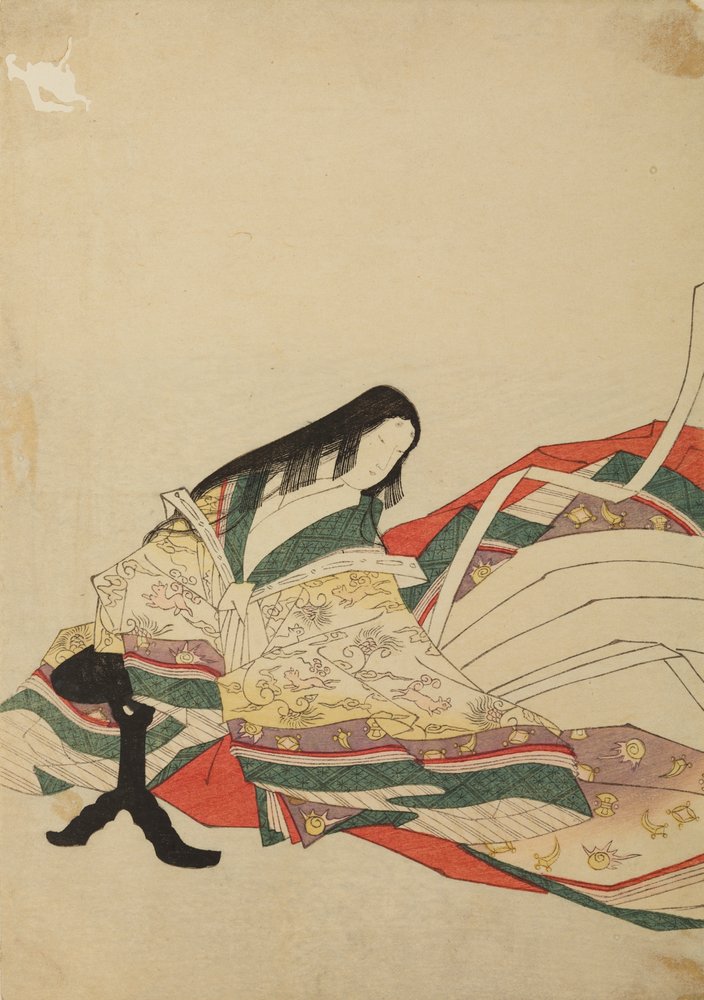 En hofdame, der sidder foran et sort bord, illustration fra albummet: »Nishiki-zuri onna sanju rokkasen e-zukushi« af Chobunsai Eishi