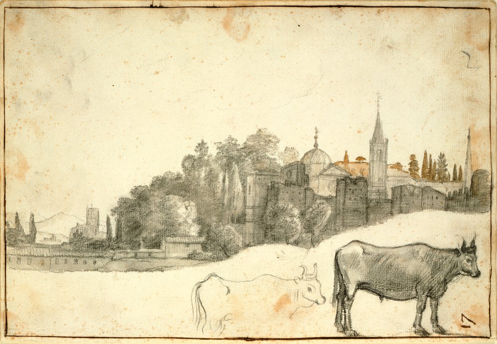 Udsigt udenfor Piazza del Popolo (sort kridt og vask på papir) af Claude Lorrain
