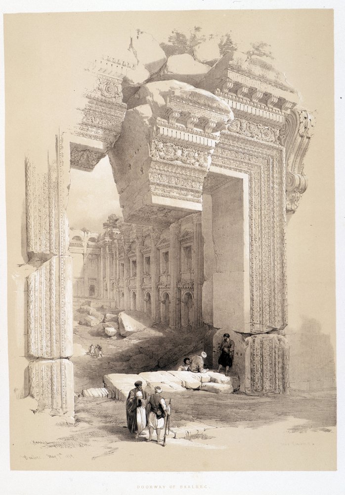 Baalbek-porten i Libanon, tegning udført den 07/05/1839 i «Det Hellige Land», London 1849 af David Roberts