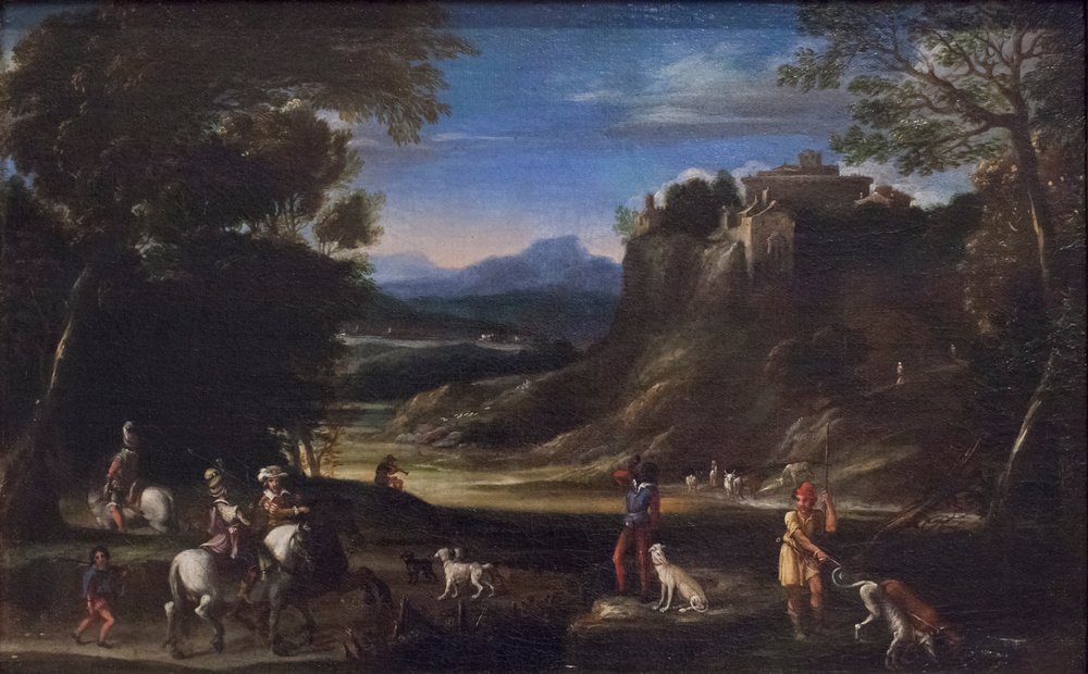 Skovklædt landskab med jagtscene af Domenichino (1581-1641)