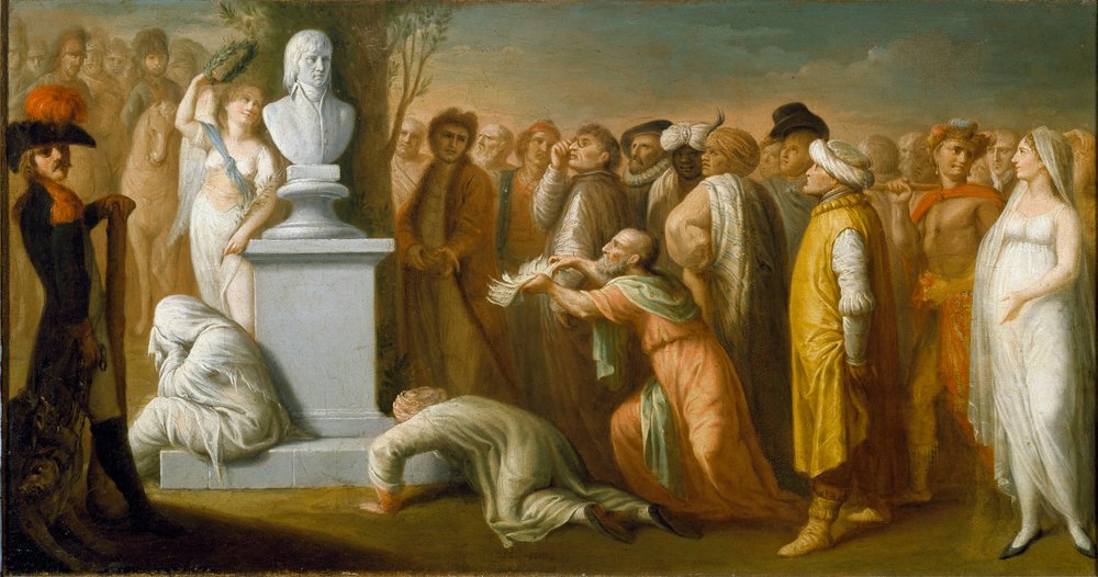 Kampagne (Ekspedition) af Egypten (1798-1801): "" Napoleon Bonapartes (1765-1821) tilbagevenden fra Egypten i oktober 1799""" allegorisk repræsentation af general Napoleon, der sejrede ved hans hjemkomst fra Egypten, symboliseret ved hans buste af marmor , af Dominique Vivant Denon
